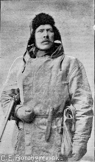 Borchgrevink wearing cold weather gear, carrying a rifle